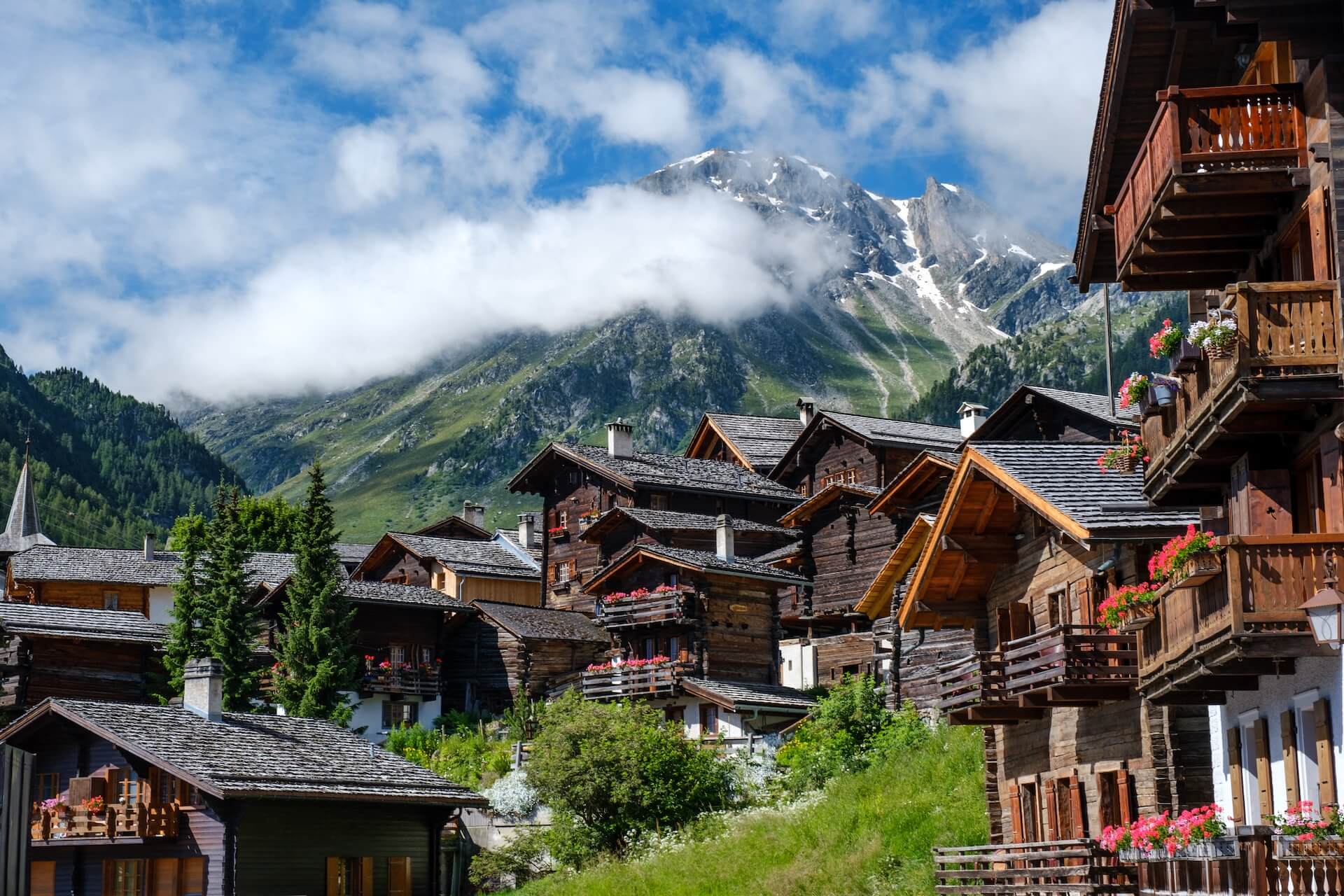 Switzerland town and mountain range in the back